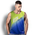 A men's sports singlet in vibrant green and blue, featuring a logo and graphic design.