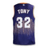 A custom men's basketball top in navy blue and yellow, featuring a skyline design and a logo.