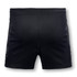 A pair of black men's rugby shorts featuring an elastic waistband and side stripes, with a logo on the lower leg.