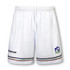 White men's tennis shorts with an elastic waistband and coloured stripes, featuring a logo on the left leg.