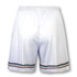 White sports shorts featuring a multi-coloured striped design at the bottom and an elastic waistband.