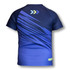 A blue kids' performance T-shirt featuring dynamic stripes and a logo, designed for sports uniforms.
