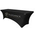 A black stretch table cover for a 6-foot table featuring a logo. Ideal for exhibitions and events.