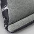 A green and black bean bag phone holder with a textured surface and a branding logo.