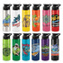 A drink bottle collection featuring various designs in vibrant colours, including blue, orange, yellow, and red, with logos.