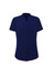 A navy blue short sleeve blouse with a relaxed fit and a pointed collar, featuring a logo on the label.