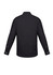 A black long sleeve button-up shirt featuring a slim fit design and a collar, with cuff details and branding.