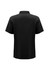 A black short sleeve polo shirt with a collar and a logo on the back.