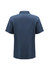 A navy blue short sleeve polo shirt with a collar, featuring a logo. The back view showcases a simple design.