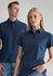 A navy blue men's short sleeve polo shirt displayed on a male and female model, featuring a subtle logo.