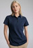 A navy women's short sleeve polo shirt featuring a collar and a logo.
