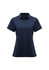 A navy women's short sleeve polo shirt with a classic collar and button placket, featuring a logo.