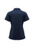 A navy blue women's polo shirt with short sleeves and a back view. It features a collar and has a logo.