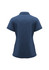 A navy blue women's short sleeve polo shirt featuring a collar and a logo.