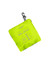 A packable rain jacket in bright yellow, featuring a logo and a clip for easy attachment.