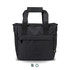 A black cooler bag with two handles, featuring a zippered compartment and side pockets. It also has a logo.