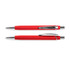 A red soft-touch pen with chrome accents and a branded logo on the barrel.