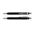 A black soft-touch pen with chrome accents and a clip, featuring a sleek and modern design.