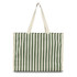 A green and white striped tote bag with sturdy handles and a plain design, featuring a logo on the side.