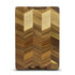 A wooden chopping board featuring a chevron pattern in various shades of brown. It has a logo on the surface.