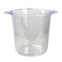 A clear plastic ice bucket with sturdy handles, featuring a smooth, translucent design.