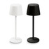 Rechargeable table lamps in white and black, featuring a simple, modern design with a round base.