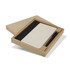 A notebook with a cream cover and a black pen, presented in a kraft gift box.