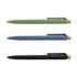 A pen set featuring three pens in green, blue, and black, with natural bamboo accents and a sleek design.