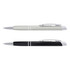 A pen set featuring a sleek, silver pen and a classic black pen, both with silver accents and clips.