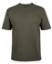 An olive green T-shirt featuring short sleeves and a round neckline, with a logo on the label.