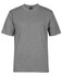 A grey T-shirt with short sleeves and a round neck, featuring a logo on the label.
