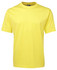 A yellow T-shirt with a crew neck and short sleeves, featuring a logo on the neckline.