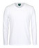 A white long-sleeved T-shirt with a crew neckline and a tag visible inside the collar.