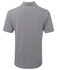 A grey polo shirt with a classic collar and short sleeves, featuring a branding logo.