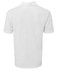 A white polo shirt featuring a collar and short sleeves, with a logo on the back.