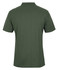 A green polo shirt with short sleeves and a collar, featuring a logo on the back.