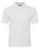 A white polo shirt with a collar and a branded tag. Features short sleeves and a button placket.