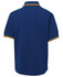 A blue polo shirt with contrast trim and a collar. It features a logo on the front.
