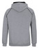 A grey hoodie with a black hood and contrasting details, featuring a logo on the back.