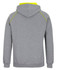 A grey hoodie with a contrasting neon yellow trim and a hood. It features a logo on the back.