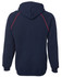 A navy fleece hoodie featuring red contrast stitching and a hood, with a logo on the back.
