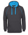 A black hoodie with a blue lined hood and blue drawstrings, featuring a front pocket and a logo on the label.