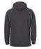A dark grey hoodie with a blue contrast detail and a hood, featuring a logo on the back.