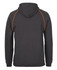 A back view of a black hoodie featuring contrast orange stitching and a hood. It includes a logo.
