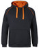 A black hoodie with orange accents, featuring a front pocket and a hood with drawstrings. It has a logo.