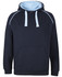 A navy hoodie featuring a light blue lining, with a front pocket and a contrasting design. It has a logo.
