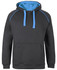 A grey hoodie with a blue hood and drawstrings, featuring a front pocket and a branded logo.