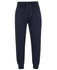 Navy track pants featuring an elastic waistband and cuffs, with a drawstring and a logo.