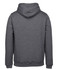 A grey hoodie with a rear view showcasing its hood and fabric texture. It features a logo on the back.