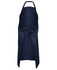 A navy blue apron featuring a tie at the waist and a neck strap. It has a simple design with a logo.